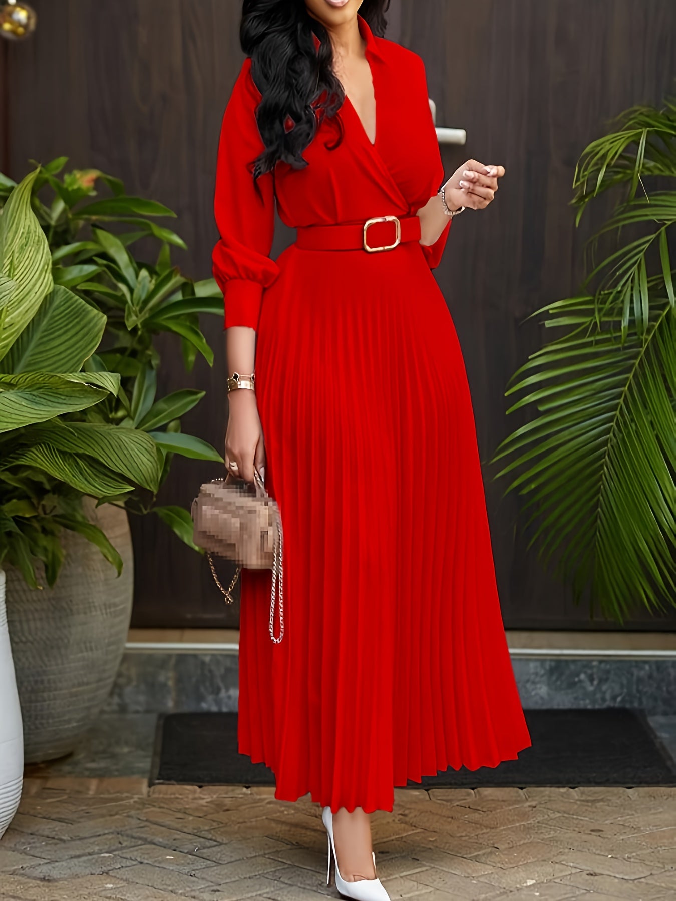 Polyester 100% A-Line Elegant Red Midi Dress - Pleated Swing Dress with Belt, Lapel Collar, Woven Solid Color - Spring/Fall Season, Adult Fashion for Women